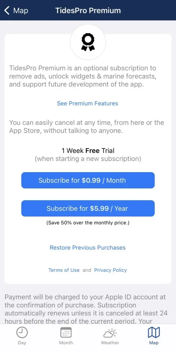 TidesPro paywall screen