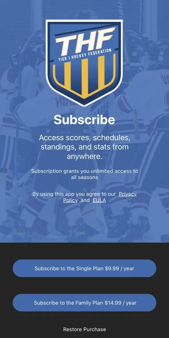 Tier 1 Hockey Federation paywall screen