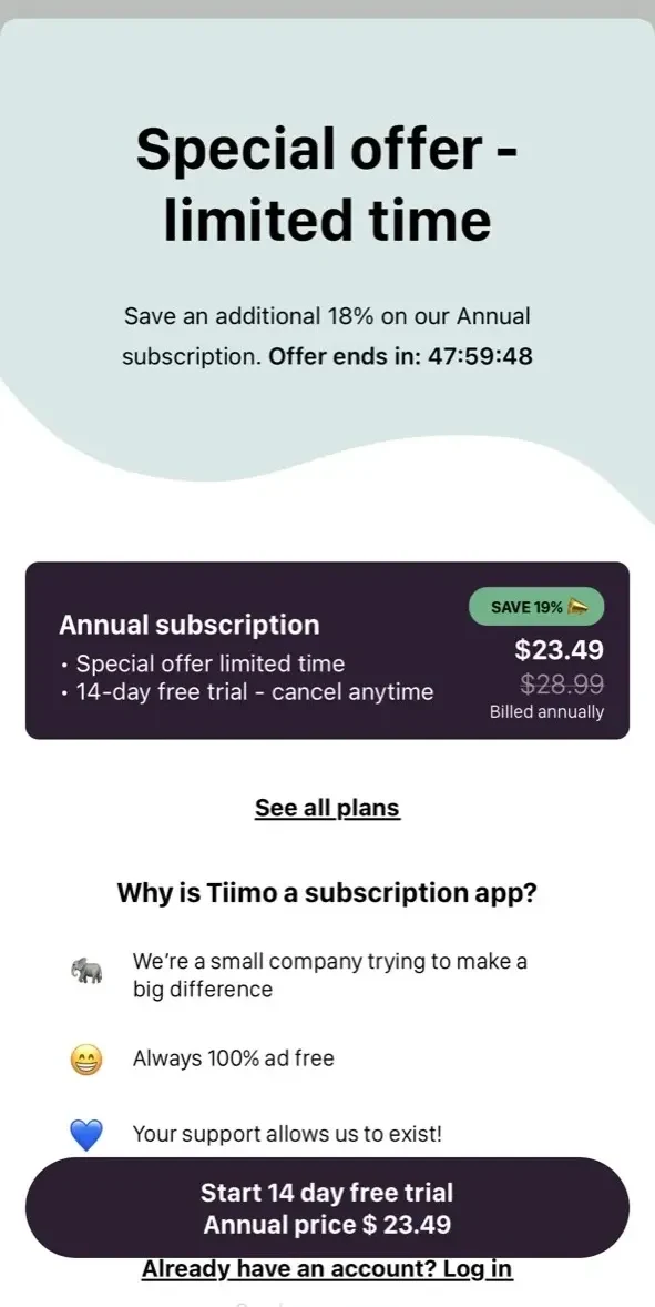 Tiimo paywall screen