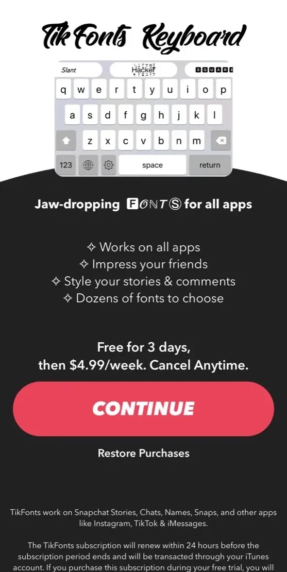 TikFonts paywall screen