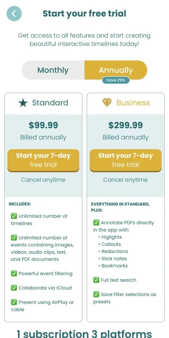 Timeline Presenter paywall screen