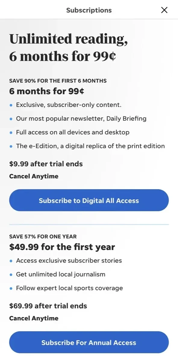 Times Recorder paywall screen