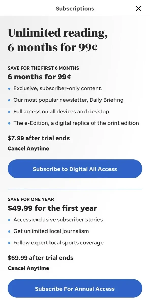 Times Reporter paywall screen