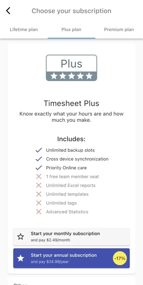 Timesheet paywall screen