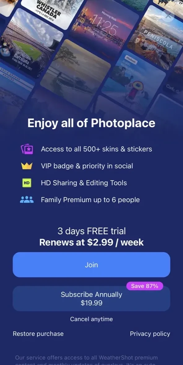 Timestamp camera paywall screen