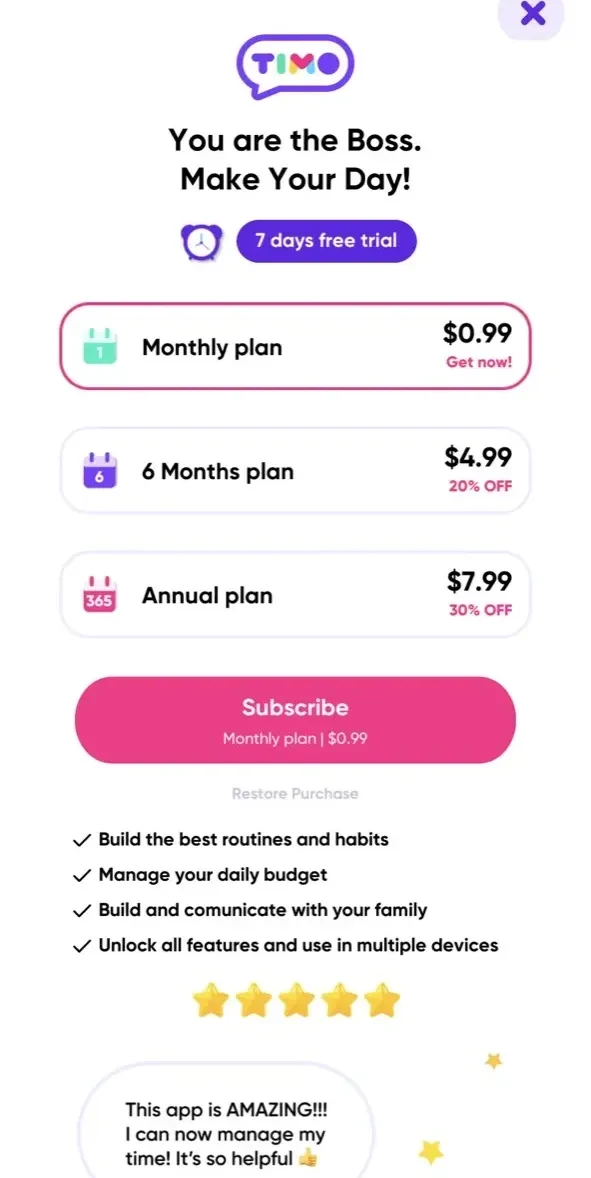 Timo Kids Weekly Routine Timer paywall screen