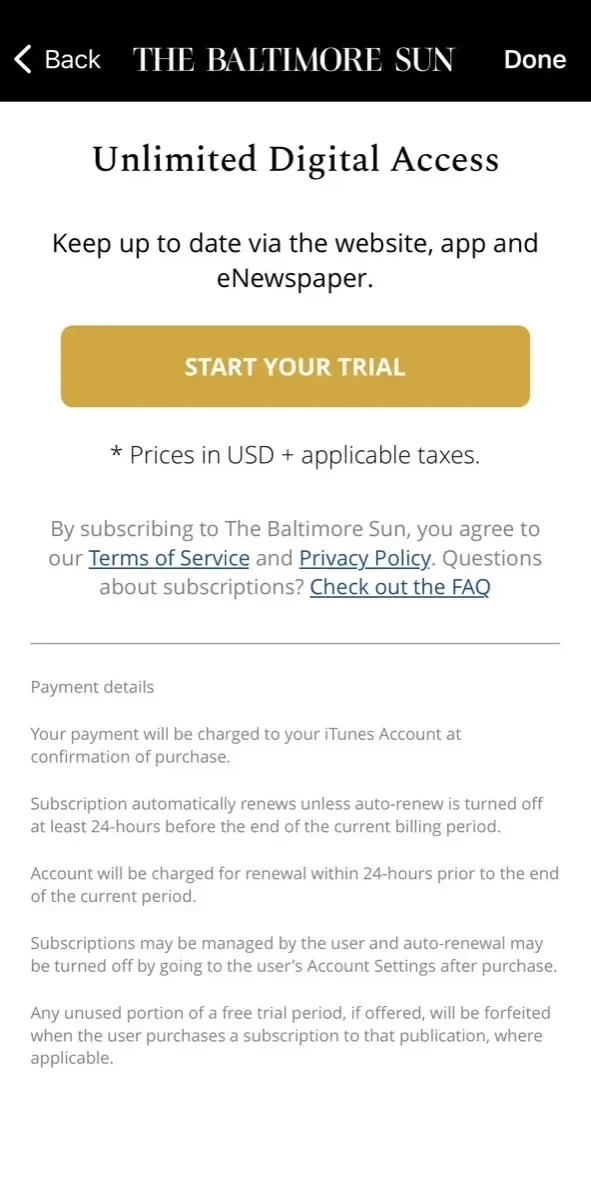 The Baltimore Sun paywall screen