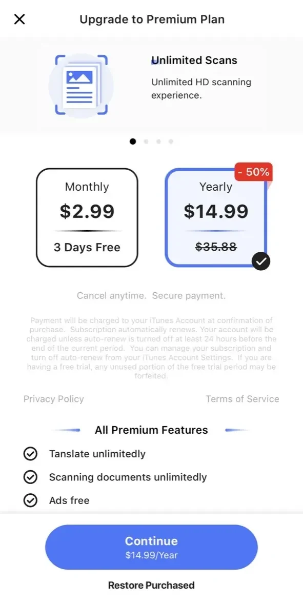 Tiny Doc paywall screen