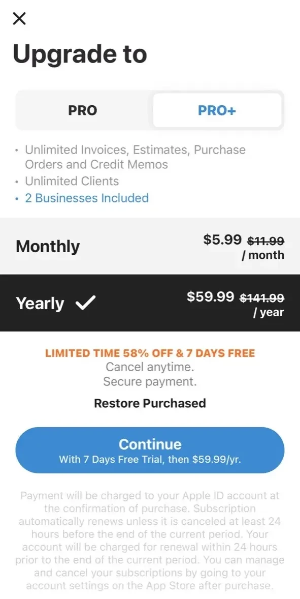 Tiny Invoice paywall screen