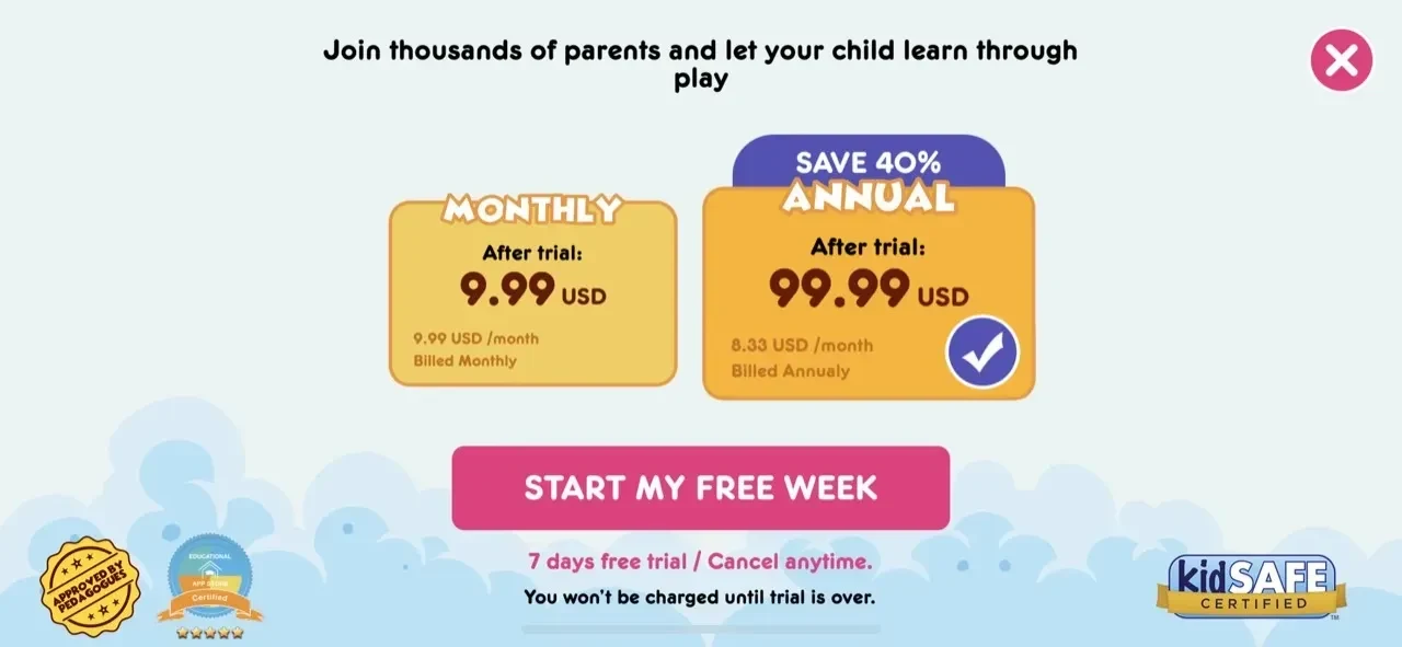 Tiny Minies Preschool Learning paywall screen