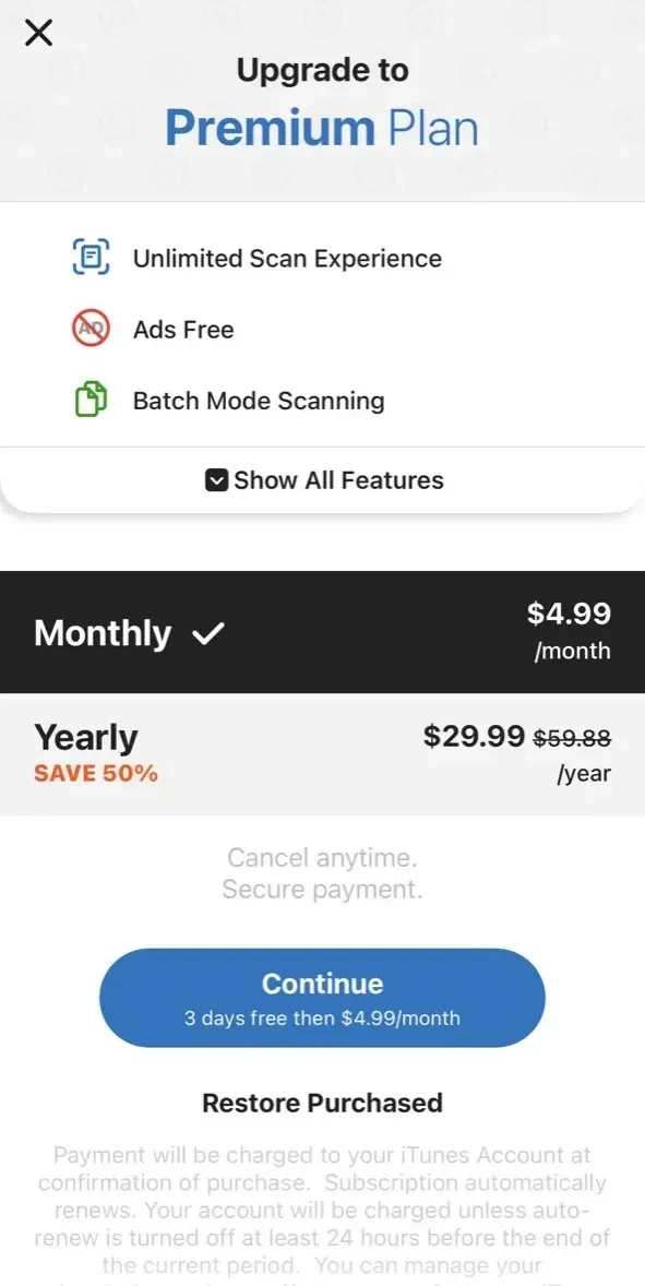 Scanner App paywall screen