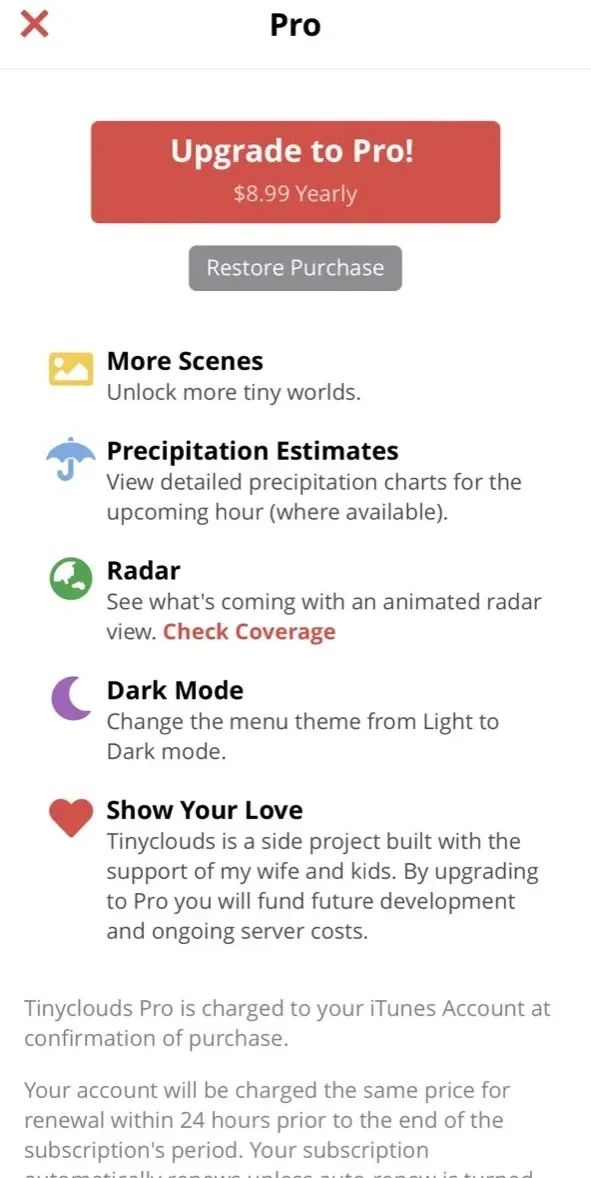 Tinyclouds Weather paywall screen
