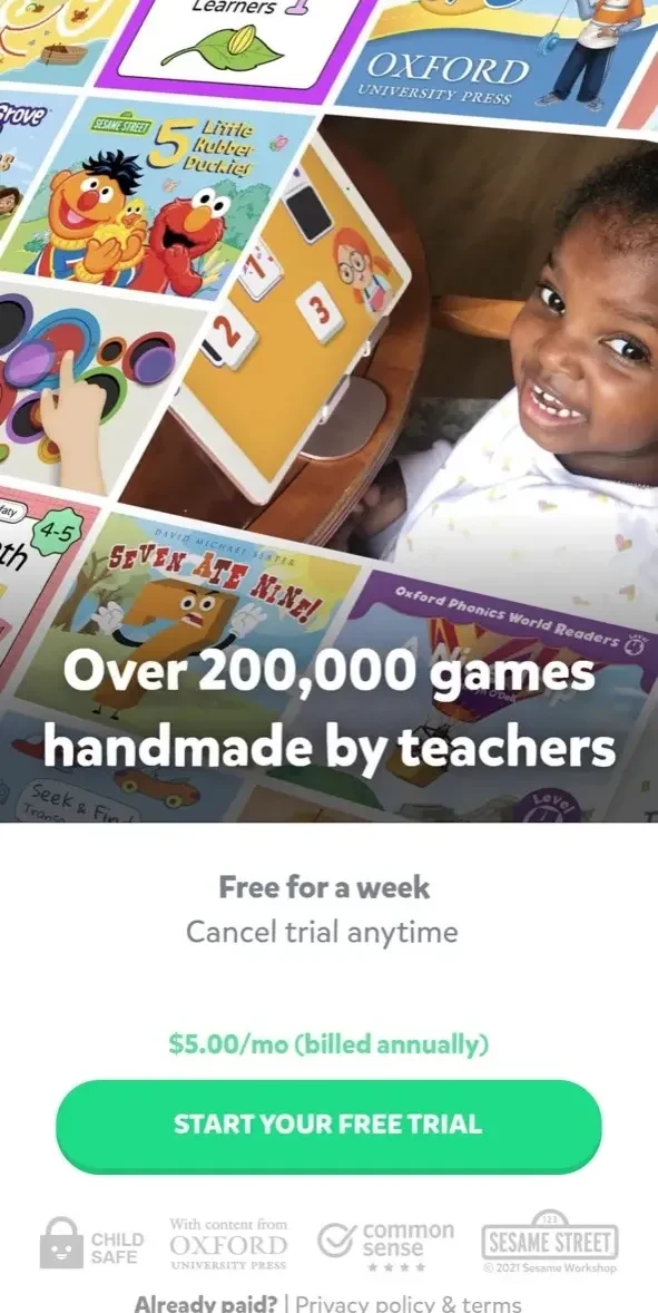 TinyTap paywall screen