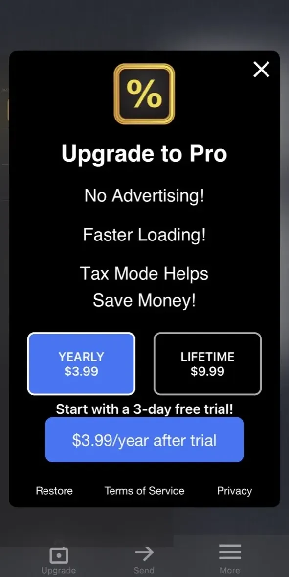 Tip Calculator % Gold paywall screen