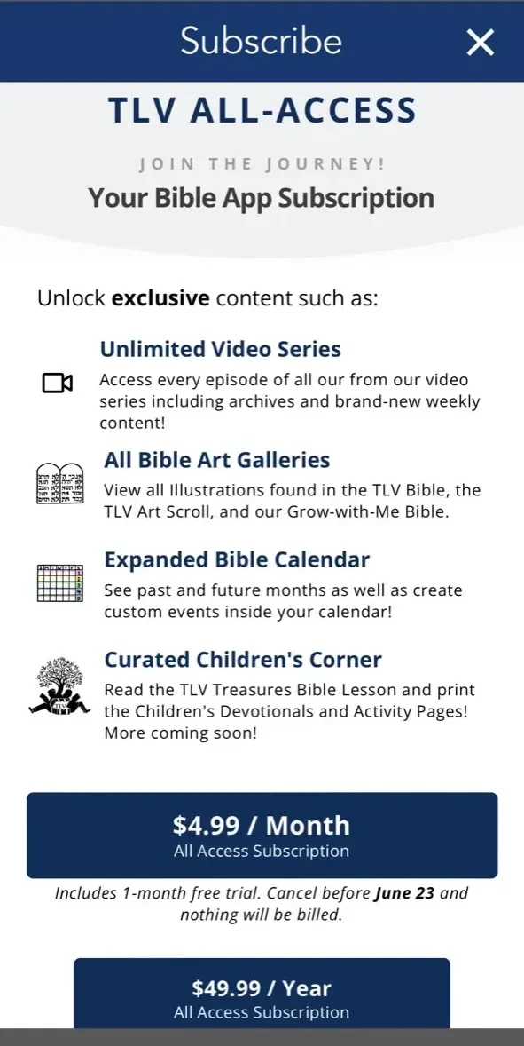 TLV Bible paywall screen