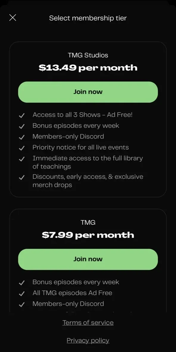 TMG Studios paywall screen