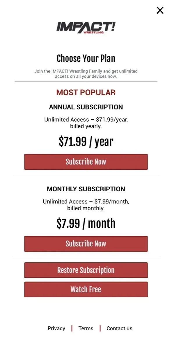 TNA+ paywall screen