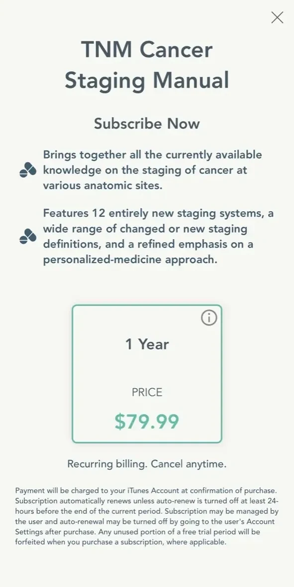 TNM Cancer Staging System paywall screen