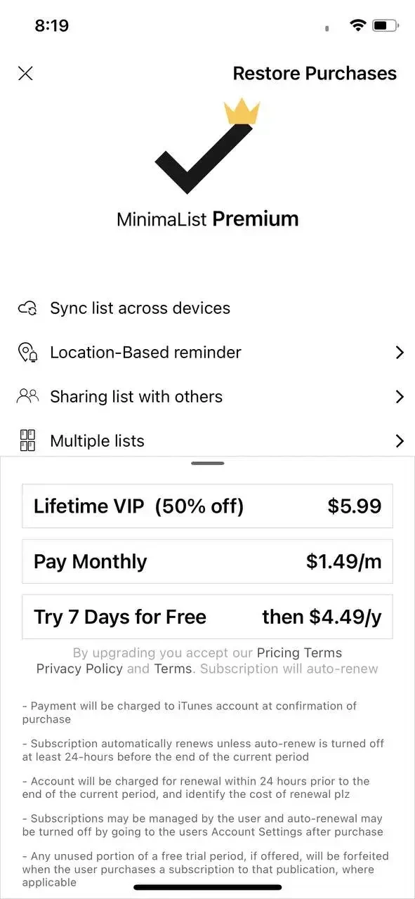 MinimaList paywall screen