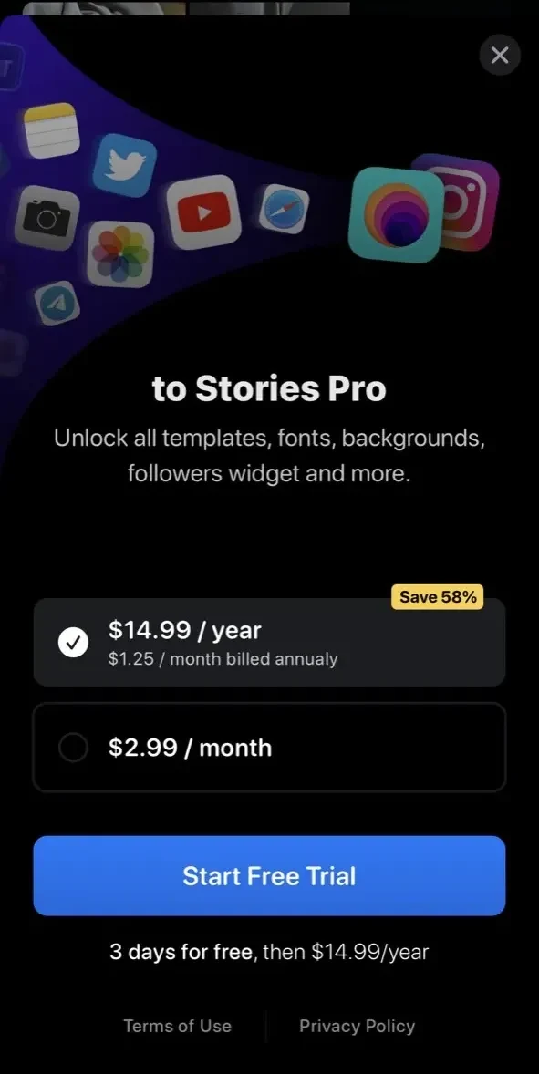 to Stories paywall screen