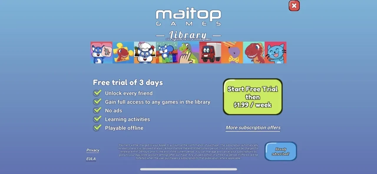 Toddler Animals paywall screen