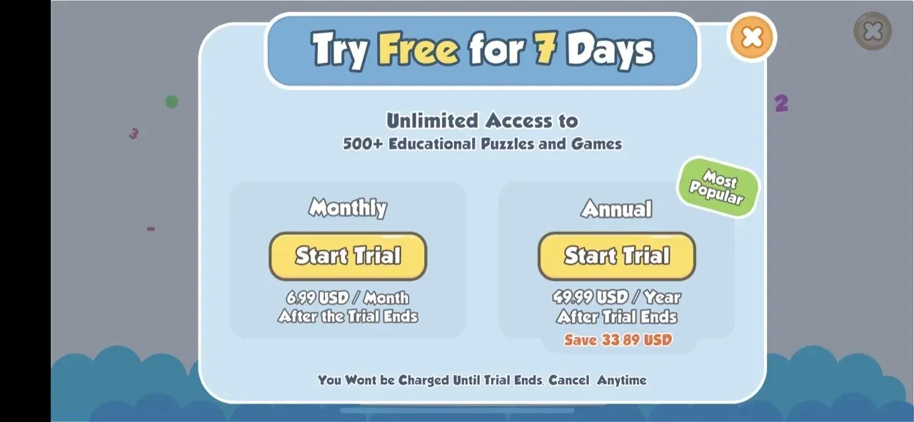 Toddler Educational Games 2-4 paywall screen
