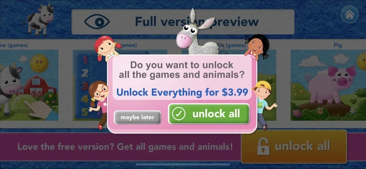 Toddler games 1 2 3 paywall screen