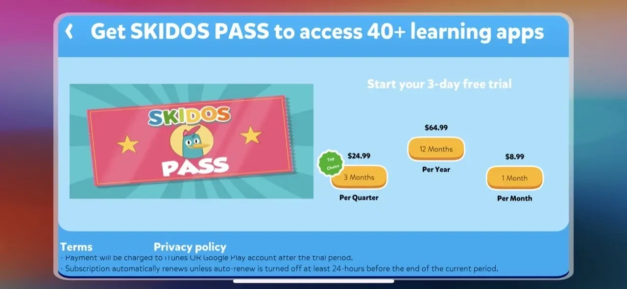 Toddler Games paywall screen