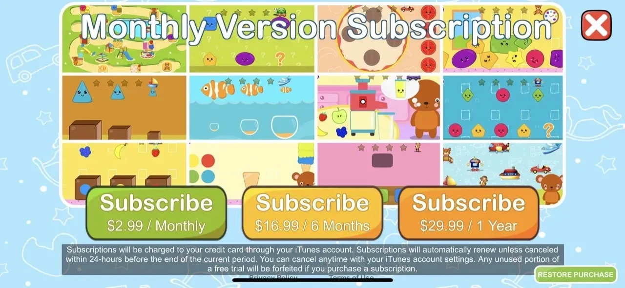 Toddler Games paywall screen