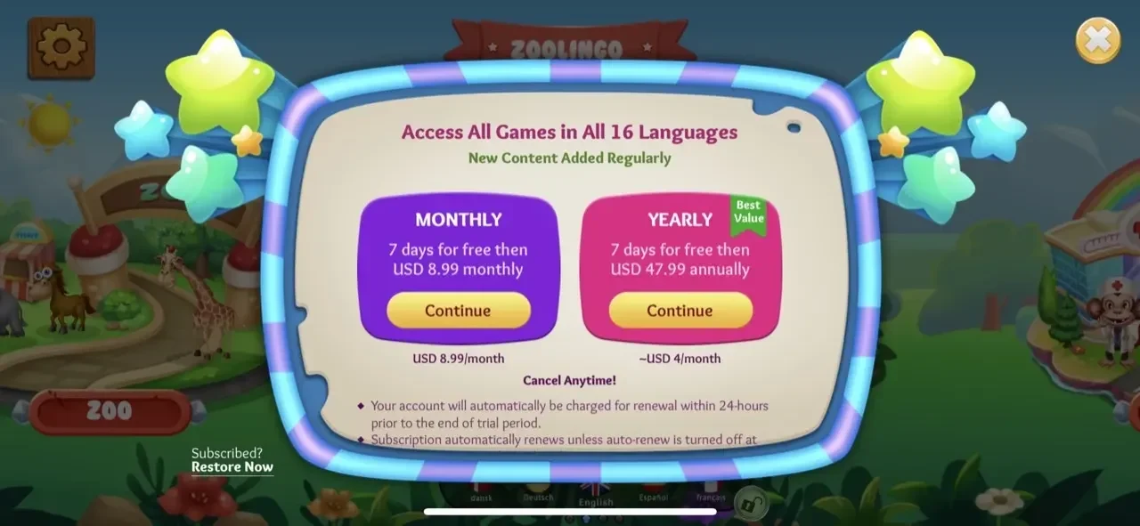 Preschool Games paywall screen