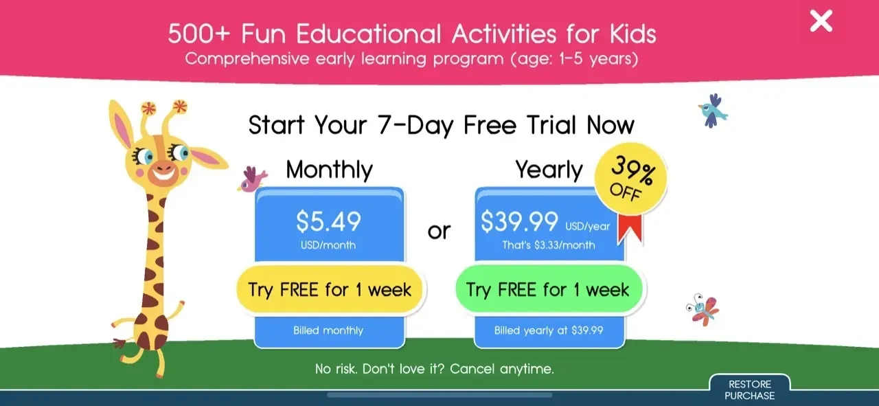 Toddler Learning Games 4 Kids paywall screen