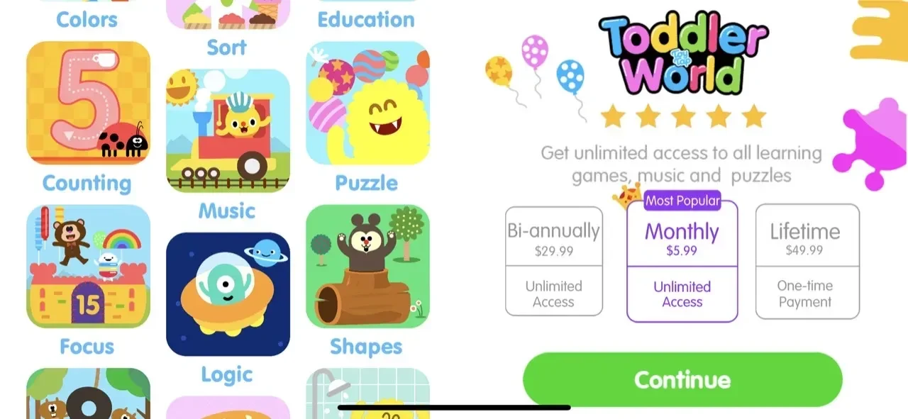 Toddler World Preschool Games paywall screen
