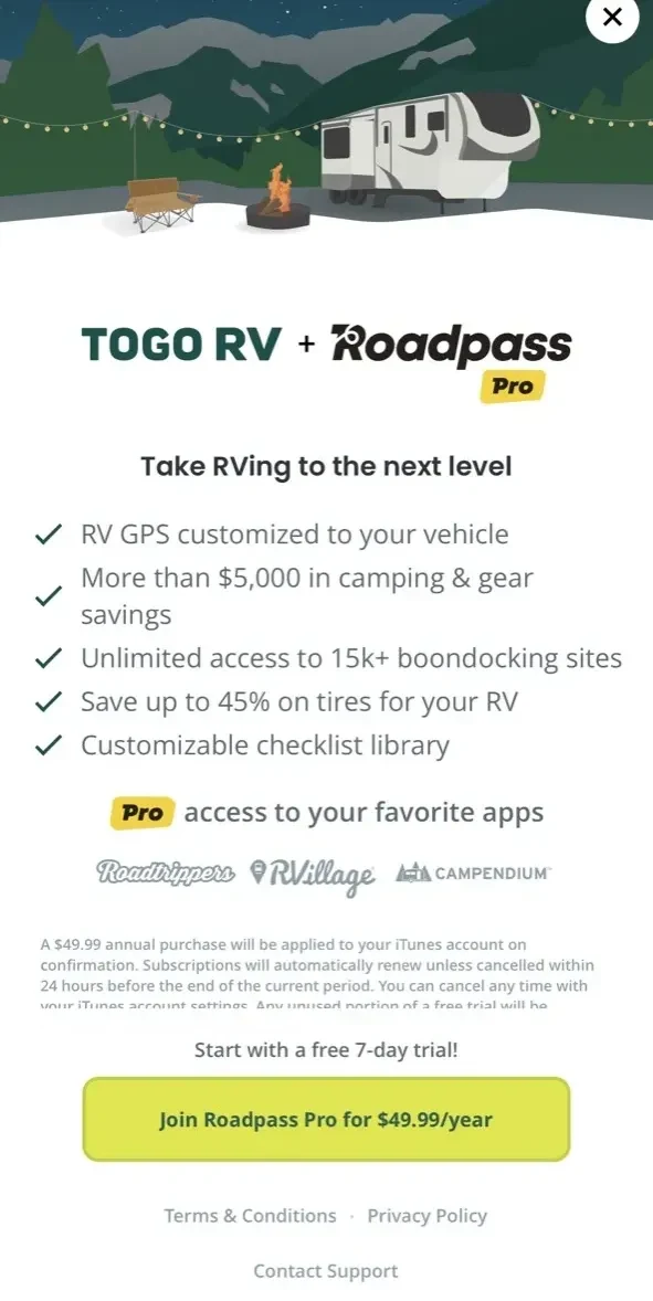 Togo RV paywall screen