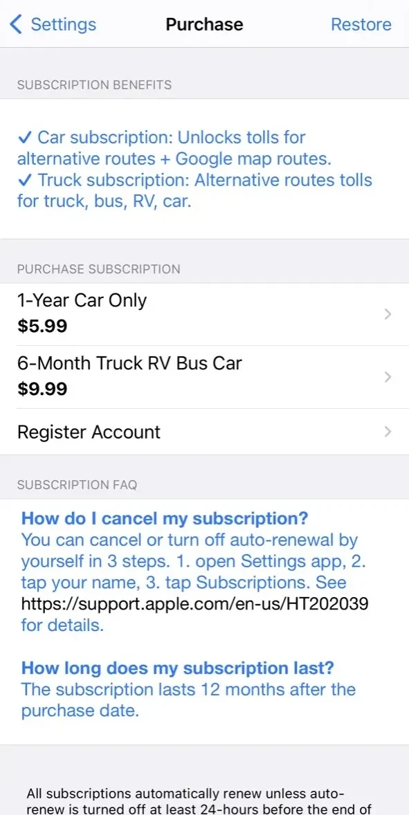 Toll Calculator GPS Navigation paywall screen