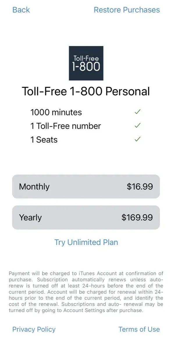 Toll-free 1-800 virtual number paywall screen