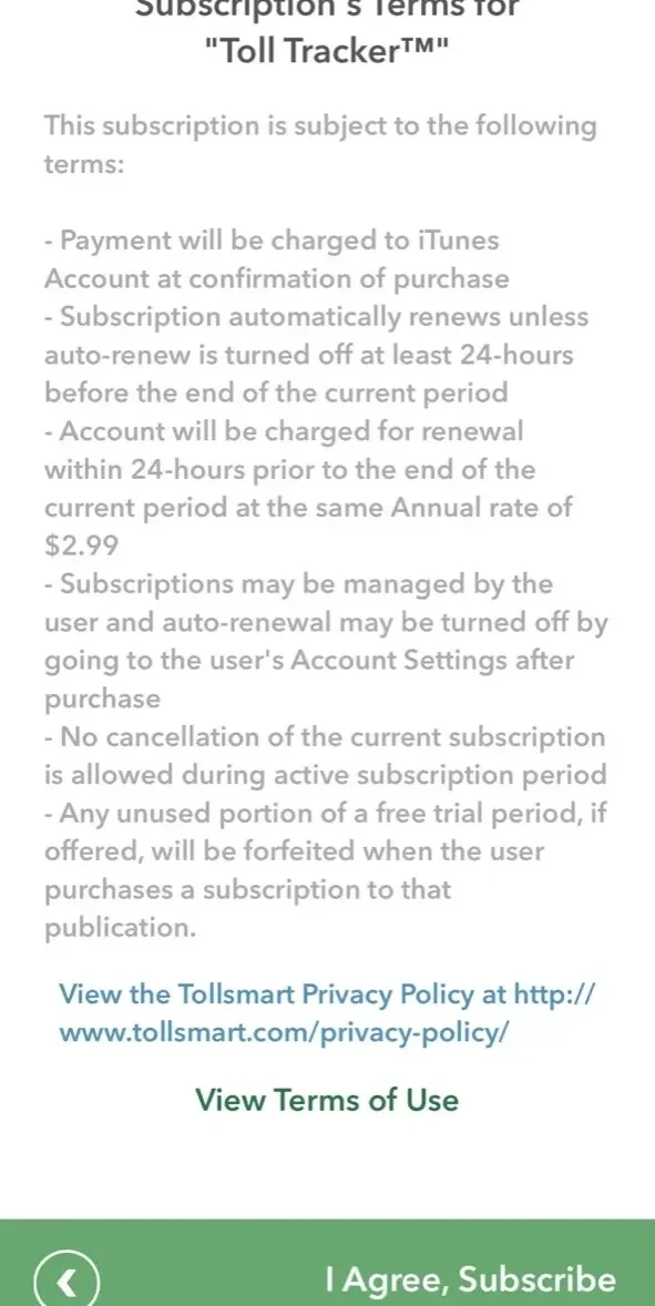 Tollsmart Toll Calculator paywall screen