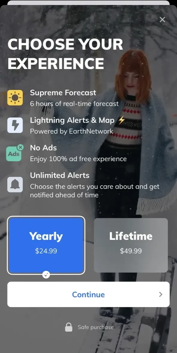 Tomorrow.io paywall screen