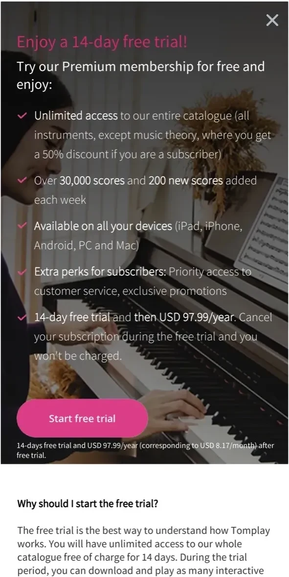 Tomplay Sheet Music paywall screen