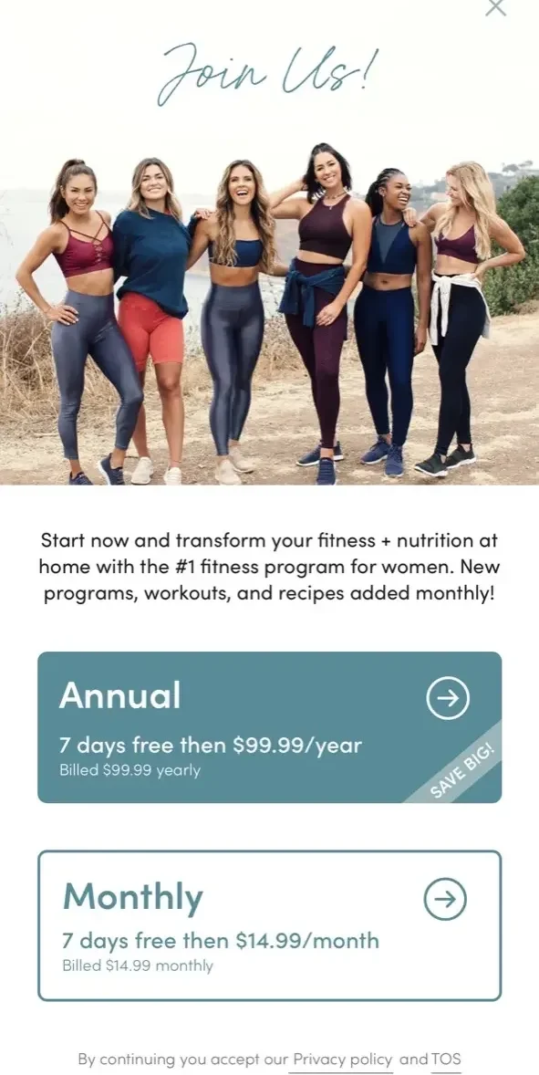 Tone It Up paywall screen