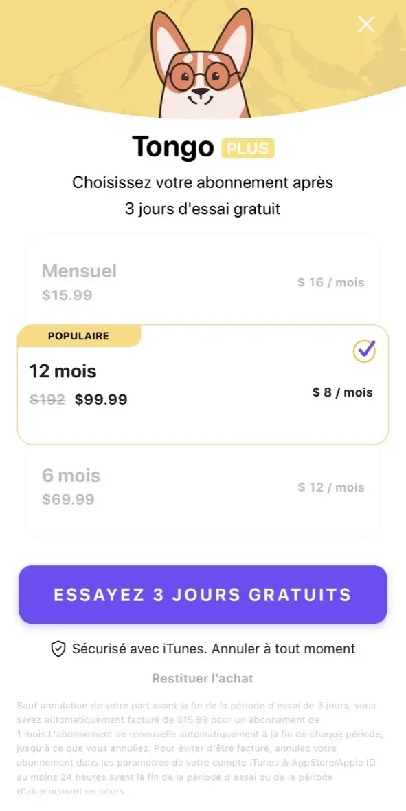 Tongo paywall screen