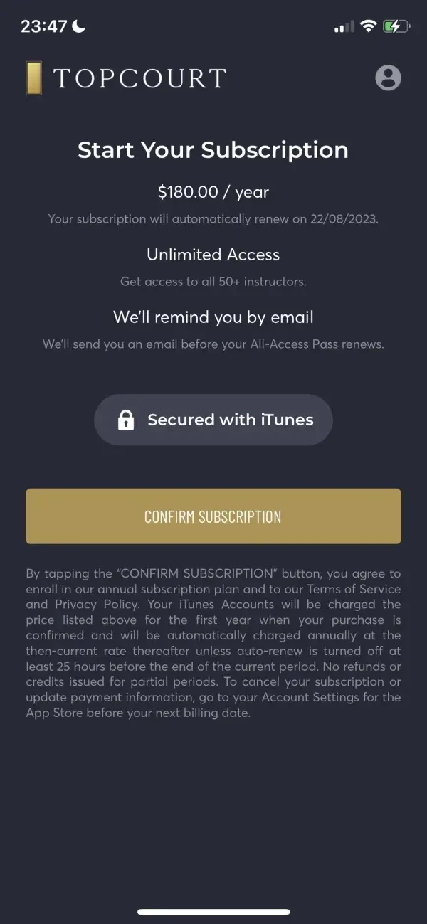 TopCourt paywall screen