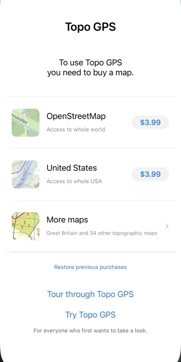 Topo GPS paywall screen