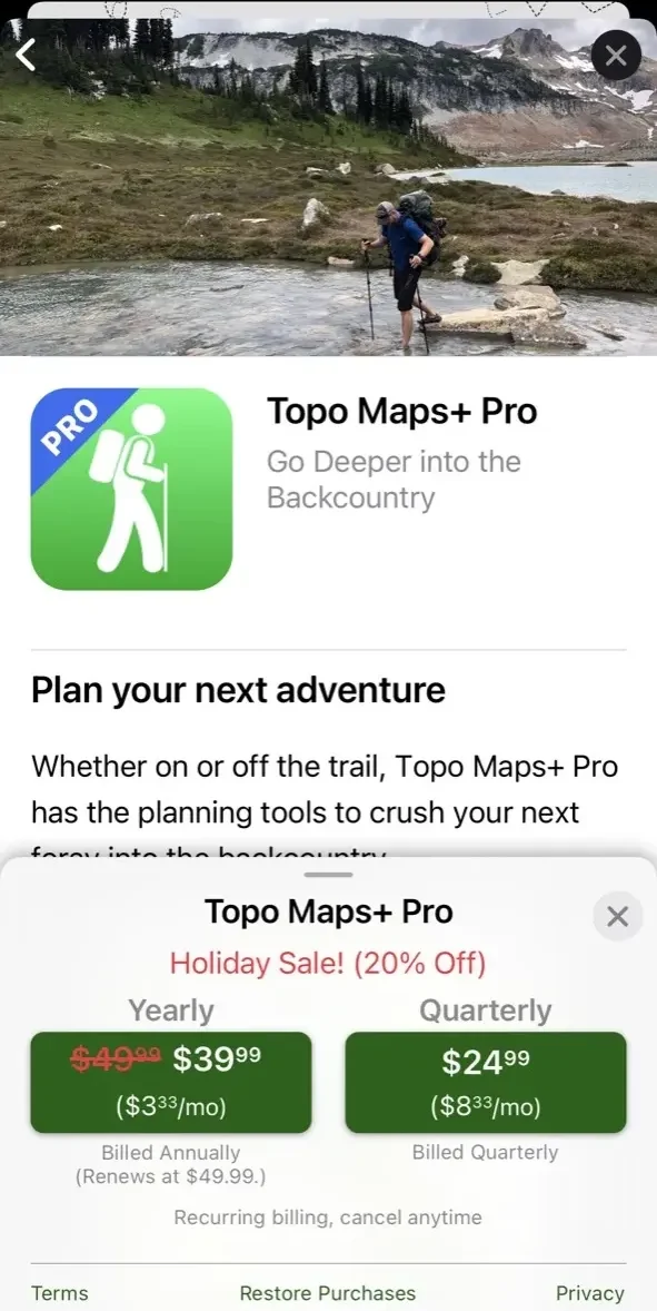Topo Maps+ paywall screen