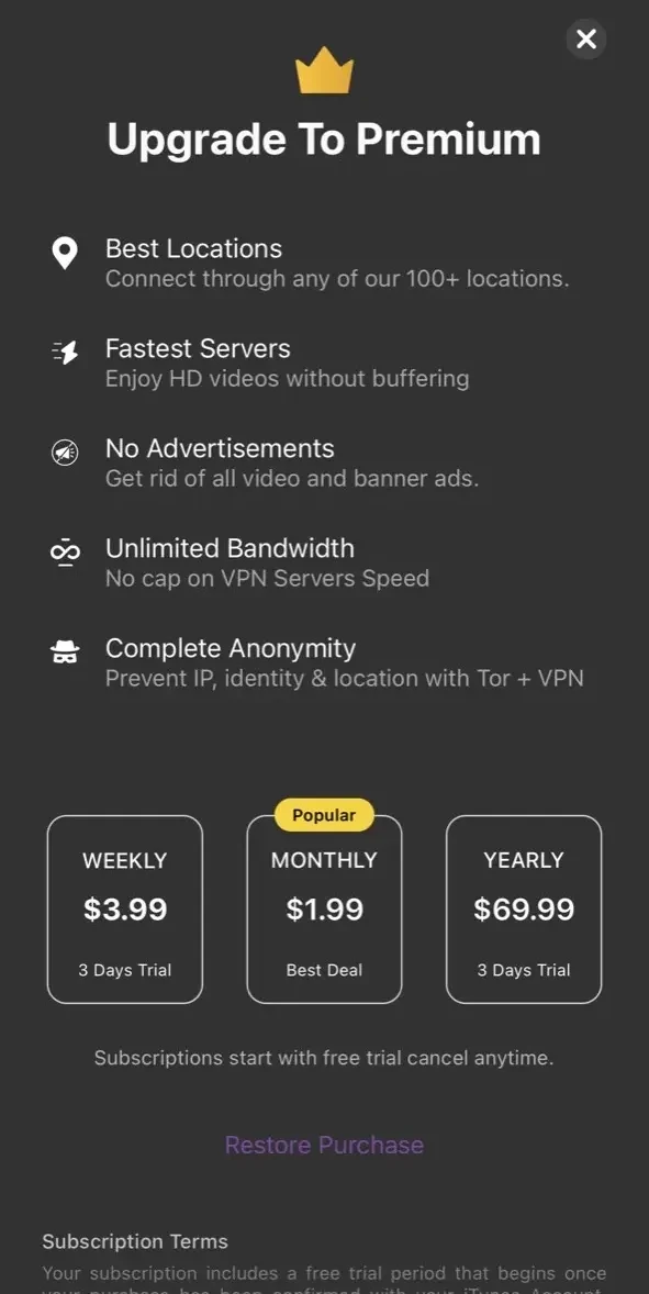 TOR Browser paywall screen