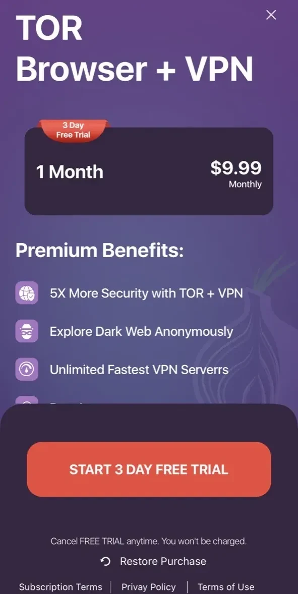 Onion Browser paywall screen