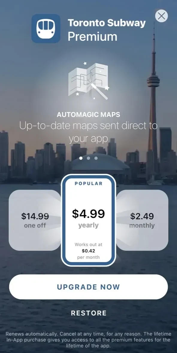 Toronto Subway Map paywall screen