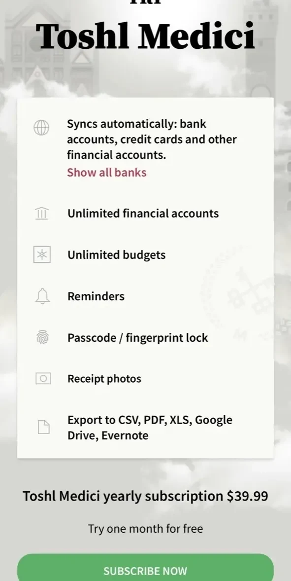 Toshl Finance paywall screen
