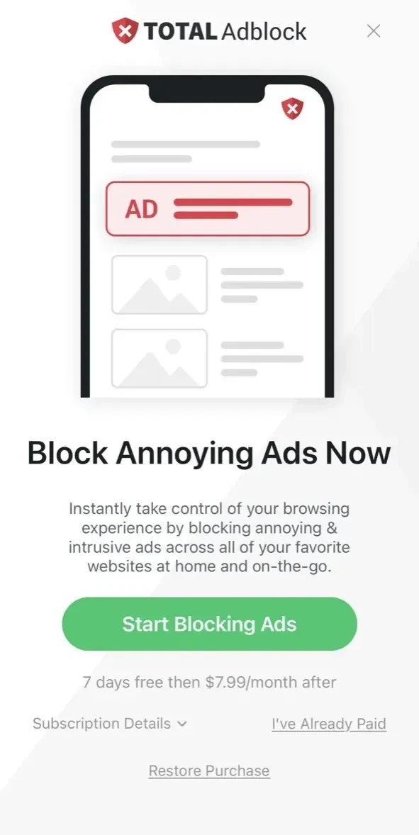 Total Adblock paywall screen