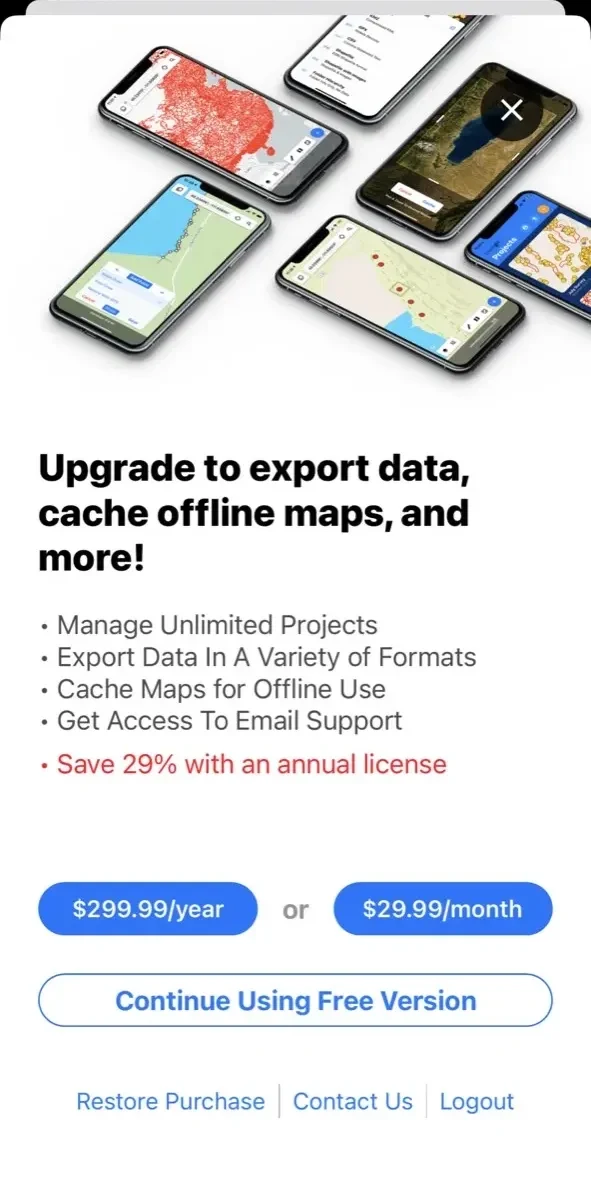 Touch GIS paywall screen
