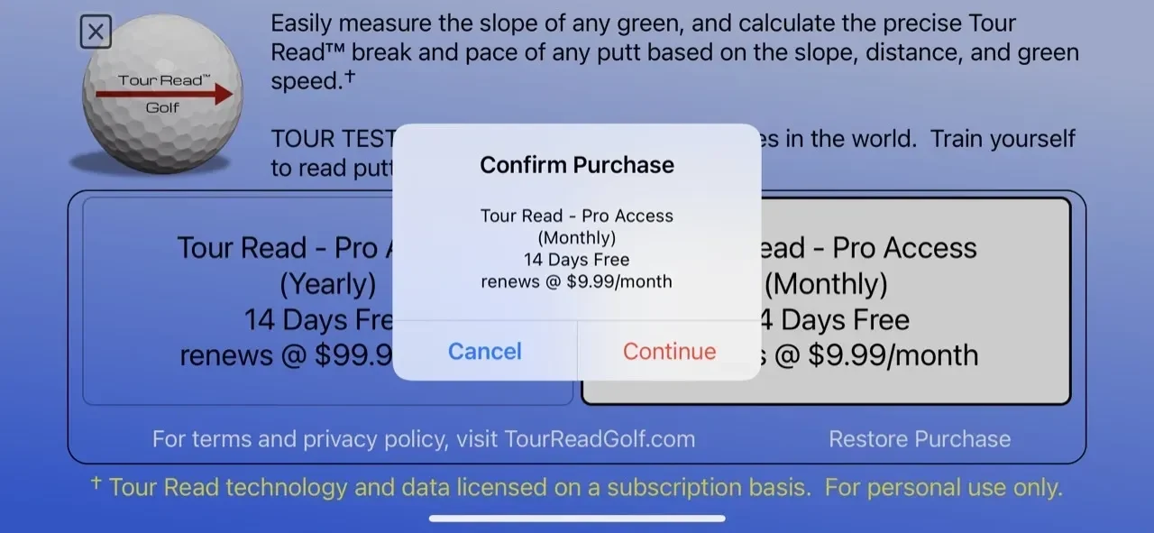 Tour Read Golf paywall screen